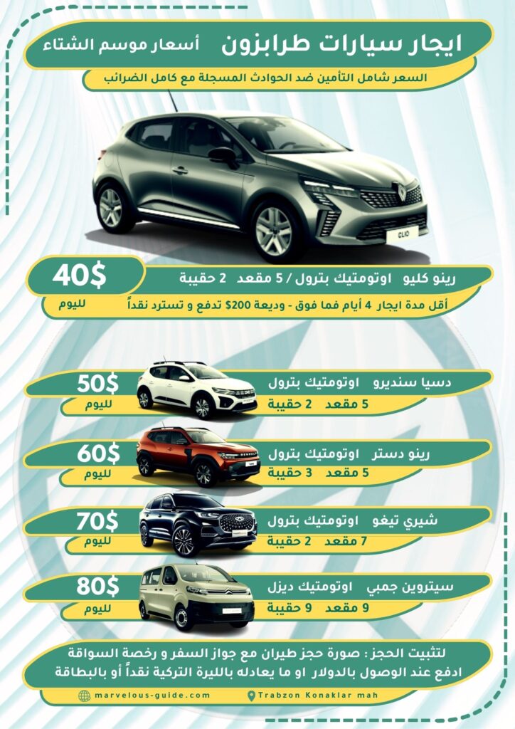 ايجار سيارات تركيا طرابزون اسعار